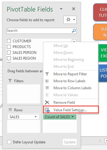 where is the value field settings on excel for mac